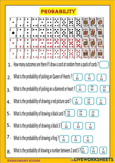 deck of cards probability worksheet|deck of cards club.